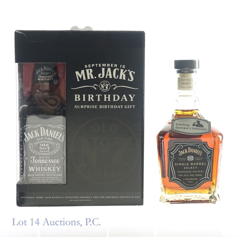 Jack Daniel's Whiskey Pick & Birthday Gift Set: 1-Jack Daniel's Single Barrel Tennessee Whiskey, 94 Proof, 750 ml. Saluting Georgia's Veterans Private Selection. Bottled: 07-24-20, Barrel #20-04131. 2-Jack Daniel's Tennessee Whiskey, 80 Proof, 750