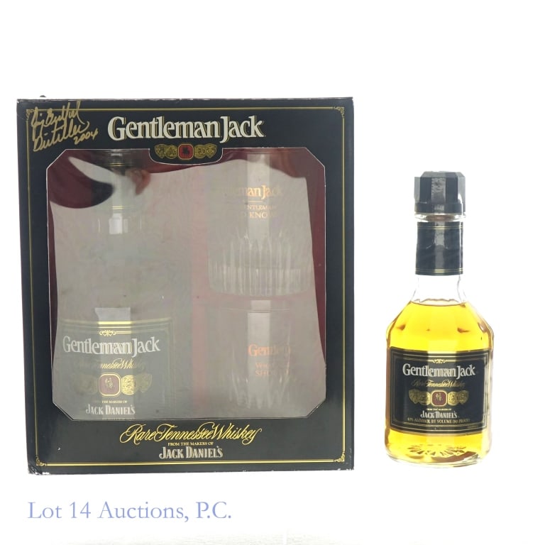 Gentleman Jack Rare Whiskey & Sgd. Gift Set (2): 1-Gentleman Jack Rare Tennessee Whiskey, 80 Proof, 375 ml. 2-Gentleman Jack Rare Tennessee Whiskey, 80 Proof, 750 ml. Gift set includes 2 Gentleman Jack drinking glasses. Box included signed by Master