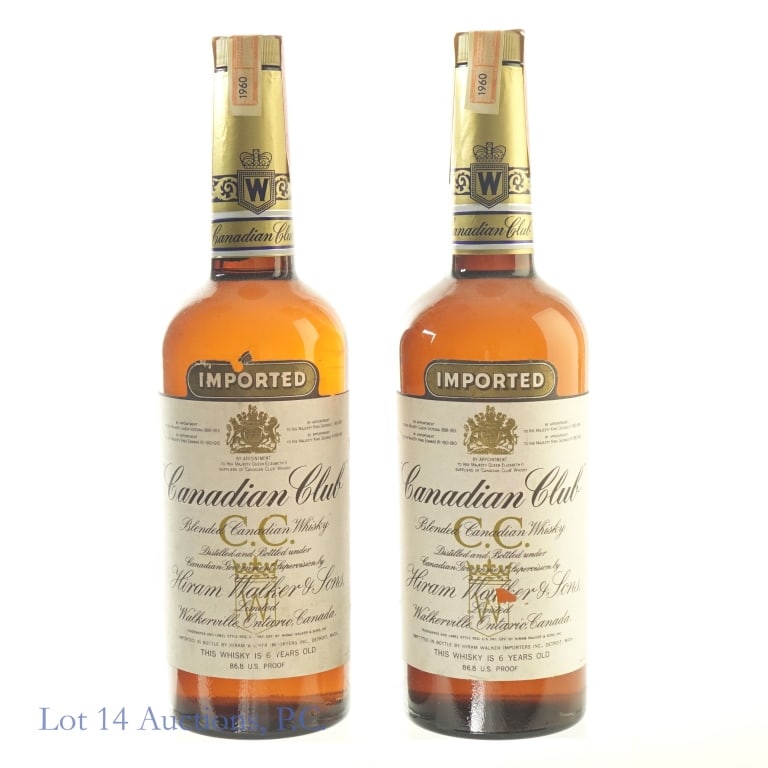 1960 Canadian Club 6 Year Canadian Whisky (2): Canadian Club 6 Year Blended Canadian Whisky, 86.8 Proof, 4/5 Quart, Distilled: 1960 (x2). Large tear on front label on one of the two bottles. Both bottles have clean/sealed tax strips in good condit