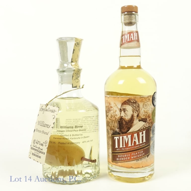 Timah Malaysian Whiskey & Birne Pear Brandy (2): 1-Timah Double Peated Blended Malaysian Whiskey, 80 Proof, 750 ml. 2-Williams Birne German Pear Brandy, 80 Proof, 750 ml. Whole pear inside.