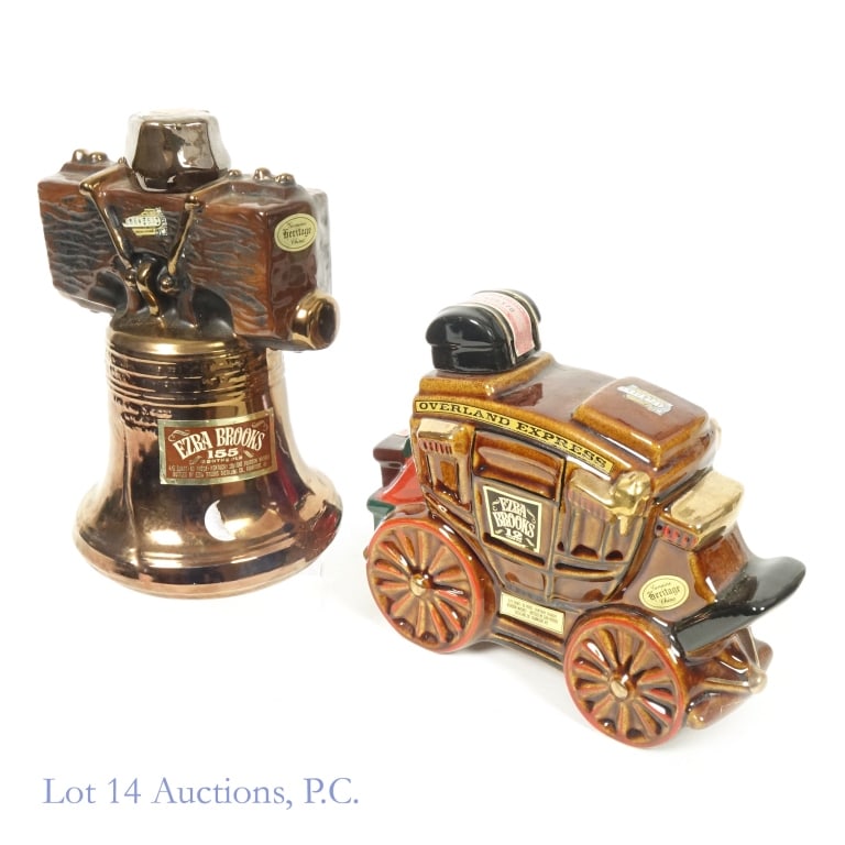 Ezra Brooks 12 Yr & 155 Month Bourbon Decanters, 2: 1-1969 Ezra Brooks 12 Year Overland Express Bourbon China Decanter, 90 Proof, 4/5 Quart. Decanter weighs approximately 3 Ib, 5.4 oz. Tax strip in good condition. 2-1969 Ezra Brooks 155 Month Liberty B