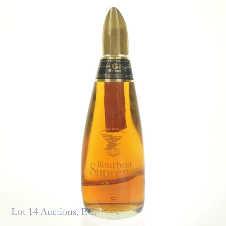 "76" Bourbon Supreme 6 Yr Premium Eagle Bottle: Bourbon Supreme 6 Year Premium Eagle Bottle Bourbon, 90 Proof, 4/5 Quart. 1960s-1970s tax strip, "76" glass molding. Front label slightly scuffed. Tax strip shows mild signs of moisture damage and fad