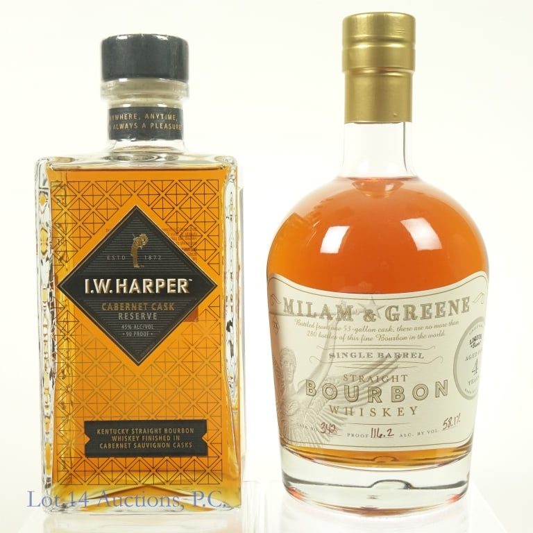 I.W. Harper Cabernet Cask & Milam Greene Bourbon: 1-I.W. Harper Cabernet Cask Reserve Bourbon, 90 Proof, 750 ml. 2-Milam & Greene 4 Year Single Barrel Bourbon, 116.2 Proof, 750 ml, Liquor Bueno Private Selection, Barrel #342.