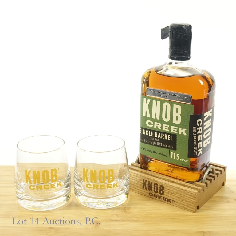 Knob Creek SB Rye Store Pick Gift Set: 1-Knob Creek Single Barrel Rye, 115 Proof, 750 ml, Liquor Barn Barrel #6336 Private Selection, Barrel #6336, Slight wear on wax tab. Gift set includes wooden Knob Creek display stand, and 2 Knob Creek