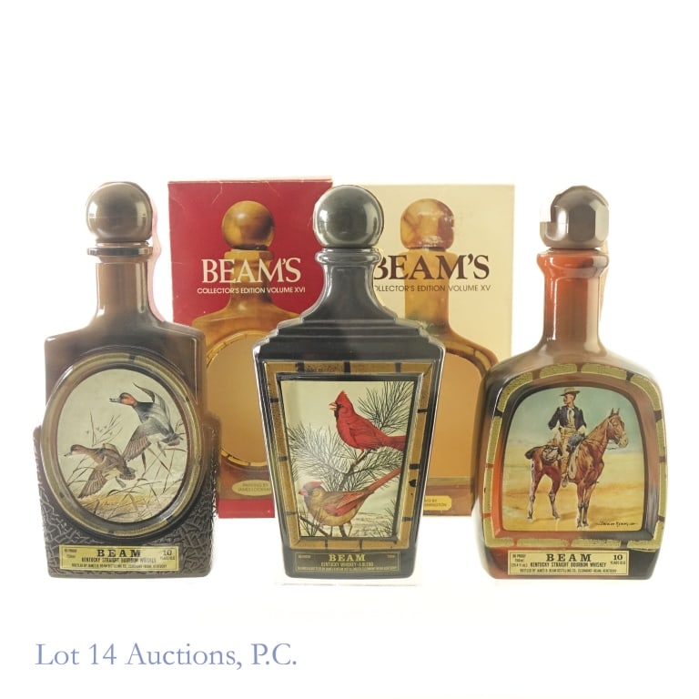 Beam Collector's Edition Bourbon Decanters (3): 1-Beam Blended Bourbon Decanter, 80 Proof, 750 ml, J. Lockhart's Wildlife Painting Series: Cardinal.****Tax strip broken in house. Bottle was sealed prior to auction. Bottle feels more than 3/4 of the