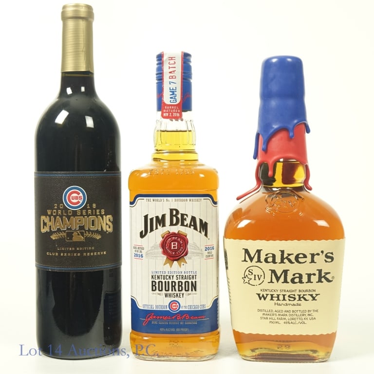 Maker's & Jim Beam Cubs Bourbon & Cabernet (3): 1-Maker's Mark 'Chicago Cubs' Bourbon, 90 Proof, 750 ml**Multiple large cracks in red wax. Blue wax is undamaged. 2-Jim Beam Chicago Cubs Bourbon, 80 Proof, 750 ml, 2016 Chicago Cubs World Champions, 
