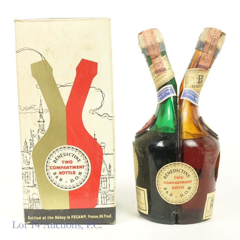 50s Benedictine DOM Brandy Two Compartment Bottle: Benediction DOM Le Directeur Brandy, 86 Proof, 23/32 Pint Bottle. B&B DOM Le Directeur Brandy, 86 Proof, 23/32 Pint. (23/32 Quart for both bottles). Estimated to be bottled in the 1950s. Slight wear a