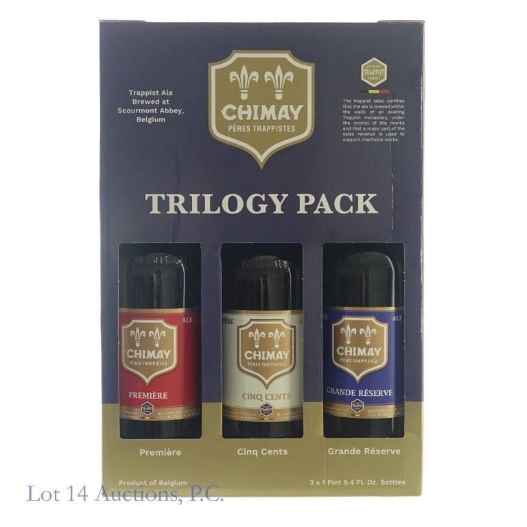 Chimay Peres Trappistes Trilogy Pack: 1-Chimay Peres Trappistes Premiere Ale, 7% ABV, 750 ml. 2-Chimay Peres Trappistes Cinq Cents Ale, 8% ABV, 750 ml. 3-Chimay Peres Trappistes Grande Reserve Ale, 9% ABV, 750 ml. All bottles are trappist