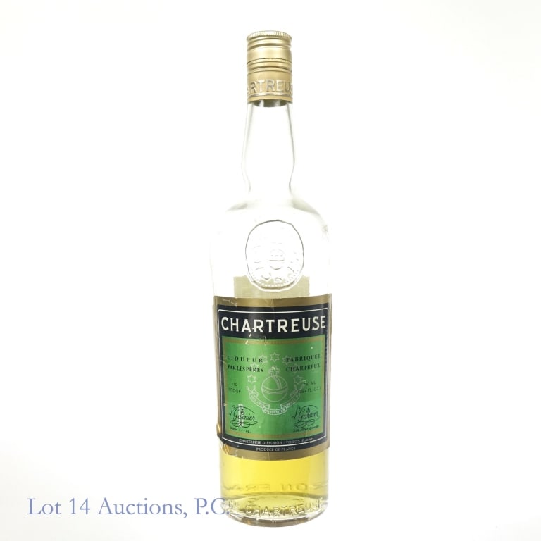 Chartreuse Green Label Liqueur OPEN, Low Fill*: Chartreuse Green Label Liqueur, 110 Proof, 750 ml.****Low fill, level about 1 cm below front label. Front label slightly worn and peeling.