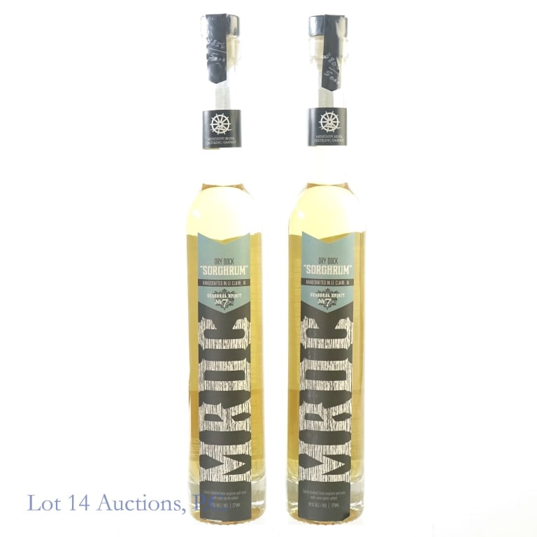 Mississippi River Distilling Dry Dock Sorghrum (2): Mississippi River Distilling Co. Dry Dock Sorghrum Seasonal Spirit No. 7, 80 Proof, 375 ml (x2). Bottle #s 3806 & 3856 of 5000. Last produced in 2013. Slight peeling in edges of labels on both bottles