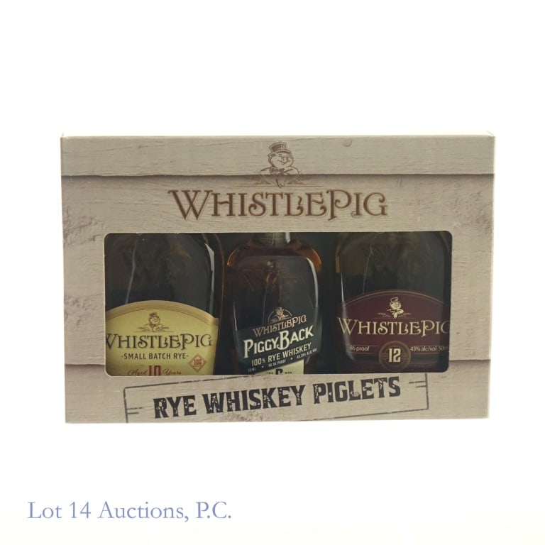 WhistlePig Rye Whiskey Piglets Mini Set: Mini Set includes: 1-WhistePig 10 Year Small Batch Rye Mini, 100 Proof, 50 ml. 2-WhistlePig 6 Year PiggyBack Rye Mini, 96.56 Proof, 50 ml. 3-WhistlePig 12 Year Old World Rye, 86 Proof, 50 ml. Box incl