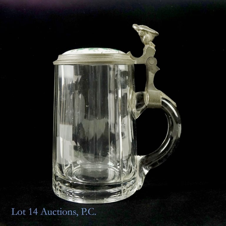 Studentika / Student's Hand Painted Beer Stein: Studentika / Student's Hand Painted Beer Stein . Beer stein with pewter lid and hand-painted porcelain lid / porcelain insert. Chip in glass near lip is visible, not easily detectable by feel. Some pa