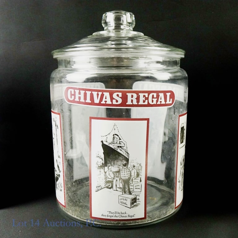 Chivas Regal Glass Jar Container: Chivas Regal Glass Jar Container. 8.75"D x 10.25"H. Appears to be free from any chips or cracks.