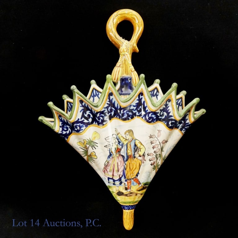 HenRiot Quimper French Earthenware Wall Pocket: HenRiot Quimper French Earthenware Wall Pocket with umbrella shape depicting a man and woman in classic Brittan garments dancing throughout traditional French foliage with a blue floral and gold rimme