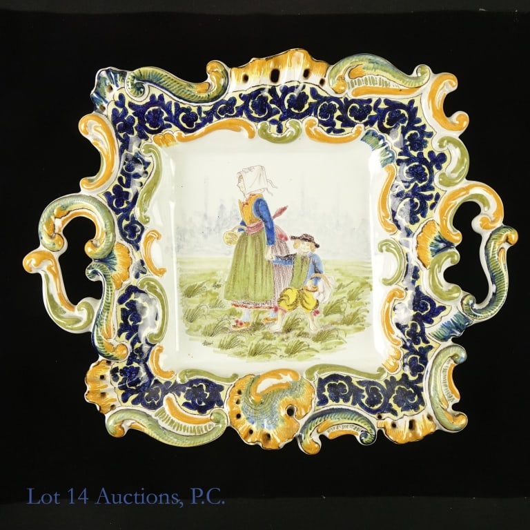 Le Croisic French Earthenware Platter: French Earthenware Platter beautifully painted with 19th century depictions of a mother and son in the French commune of Le Croisic. Intricately painted border and handles in floral designs in blue, g