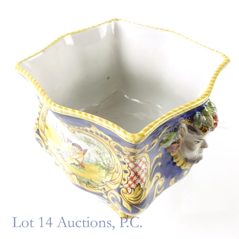 19th c. Montagnon Nevers Earthenware Planter: Nevers Earthenware Planter by 19th century French Artist Antoine Montagnon, Hand painted with unique Italian cherubs and mythological heads representing Greek influences for handles, similar to the go