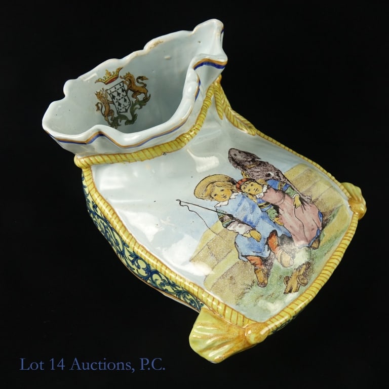 Quimper French Pottery Foot Warmer Vase: Quimper French Pottery Foot Warmer Vase displays a colorful depiction of two young children in country garb with their trusted canine companion with the Brittany crest on inner central back portion of