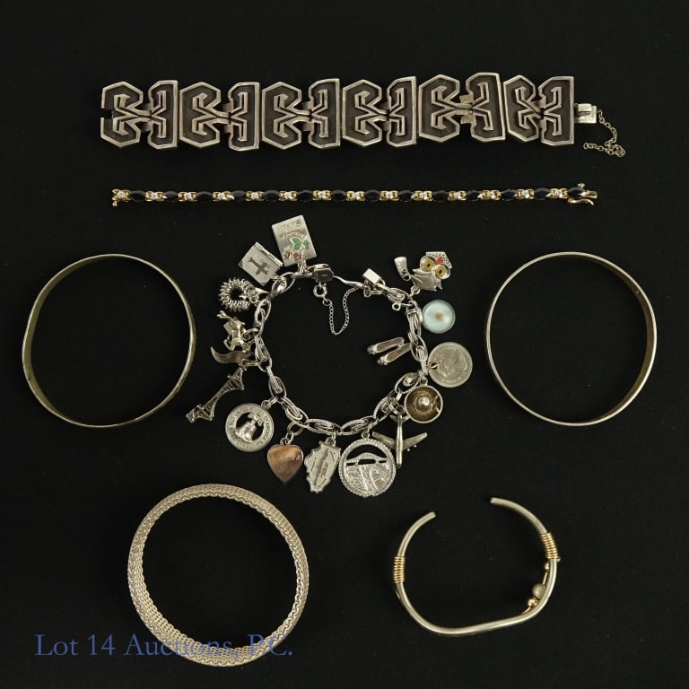 Sterling Silver Bracelets (7): 7 sterling silver bracelets - All are marked "925" or "sterling" or equivalent. Total weight: 57.4 grams. Total weight: 209.0 grams. ***NOTE: The charm bracelet has 4 charms that are NOT marked as ste