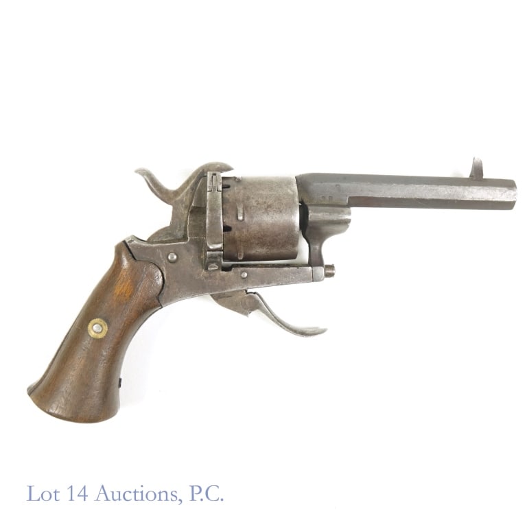 Belgian / German (?) Pinfire DAO Revolver: Belgian or German (?) Pinfire double action only (DAO) Revolver. Measures approx. .30" inner diameter, 6 round capacity. "38" stamped four places - near top of trigger, right side of barrel, in front 