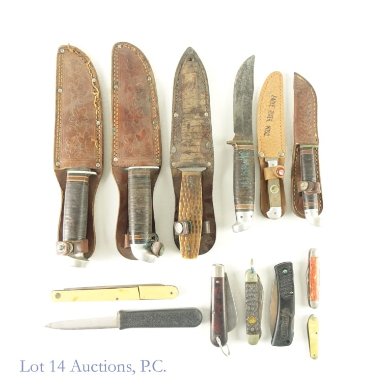 Vintage Hunting and Folding Blade Knives (13): Case fixed blade knife with leather and metal sheath, sheath is marked Case Tested XX, 5.5" blade, 9.25" overall. Western (Boulder, CO) Official Boy Scouts of America fixed blade knife, no sheath, dam