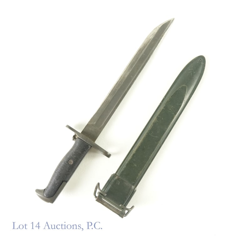 USM1 WWII Bayonet, Shortened 1919: Shortened (cut down) U.S. M1 version 1919 WII Bayonet. Marked 1919, Stamped "AFH" on flat back of grip. WWII U.S. UFH (Union Fork & Hoe) "Flaming Bomb" symbol on bayonet and scabbard. #1077106. Approx