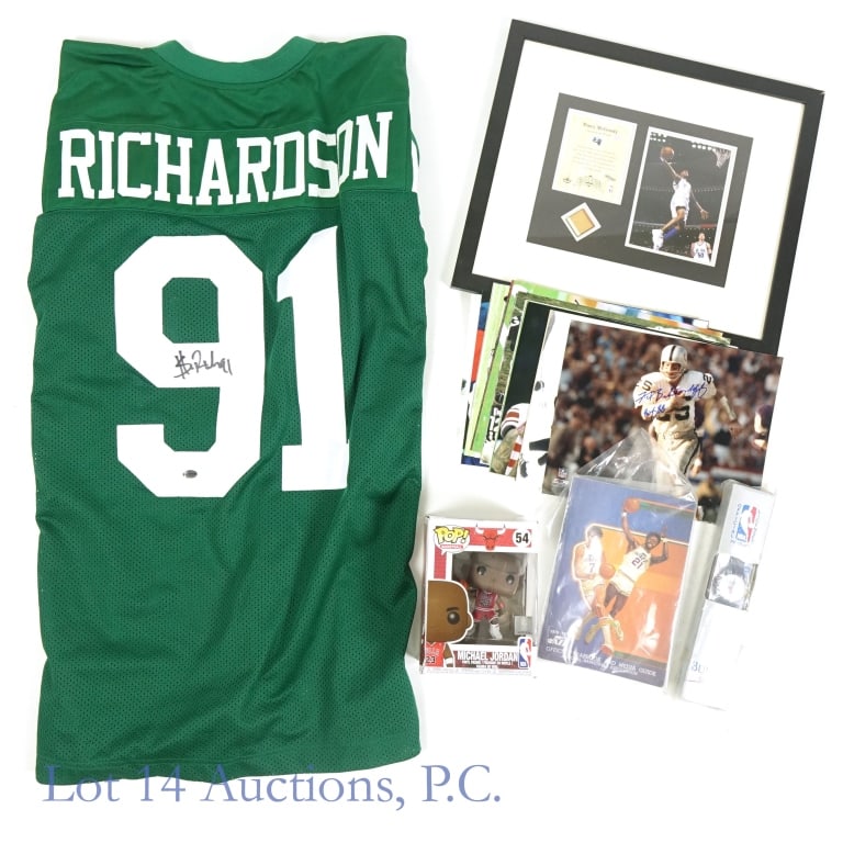 NBA Basketball & NFL Football Collectables: Funko Pop (No. 54) Michael Jordan vinyl figurine (box has some damage, but figurine appears to be in nice condition). **** Bulova Sportstime Chicago Bulls wristwatch. Appears to be new old stock - unt