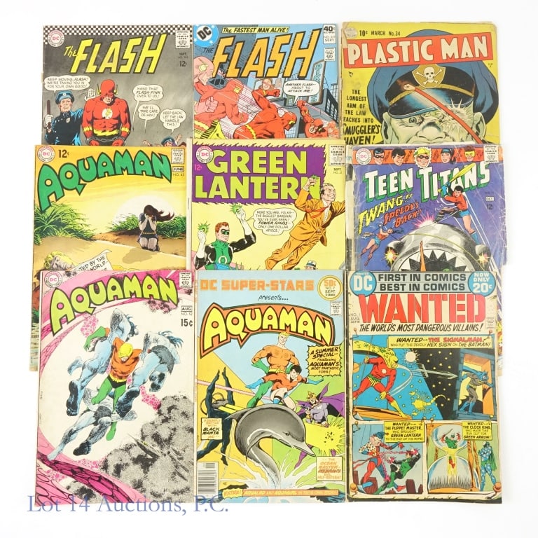 Comic Books 10 c. to 50 c. DC (9): Comic Books 10 c. to 50 c. DC (9). A collection of DC comics from long ago. Plastic Man: #34 (cover falling off). Green Lantern: #31. Teen Titans: #11. (cover, taped together and loose). Wanted, The W
