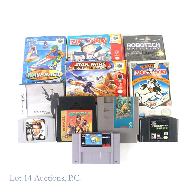 Nintendo Video Games (Various Platforms): Five games for the Nintendo 64: Goldeneye 007 (cartridge only) *** Wrestlemania 2000 (cartridge only) *** Monopoly (cartridge, box) *** Star Wars Rogue Squadron (cartridge, Instructions, box) *** Kawa