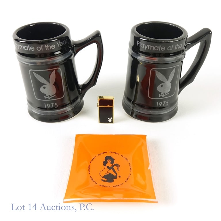 Vintage Playboy Items (4): 4 Vintage Playboy Items: 2x "Playmate of the Year 1975" mugs, ashtray, and lighter. Ashtray has a small piece broken on the right, as well as minor paint chipping.