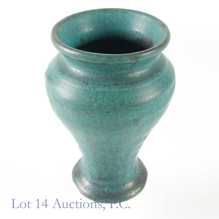 1995 Pewabic Pottery Vase / Goblet: Teal-green vase or goblet stamped on bottom "Pewabic Pottery - 1995- Detroit". "1995" is also hand marked on the bottom. Approximately 5-5/8" tall. Some irregularities in coloration near base - but we