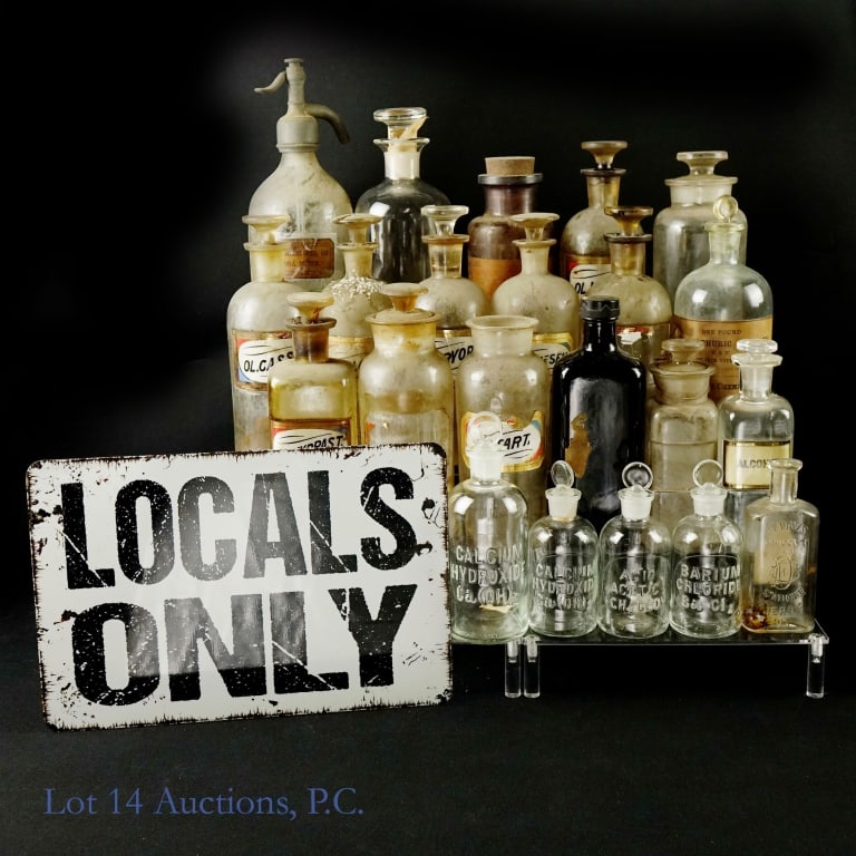 Apothecary Bottles Glassware (LOCAL PICKUP ONLY): *** This lot will not be shipped. LOCAL PICK-UP ONLY! *** Collection of 23 apothecary and / or chemical laboratory bottles. Includes one seltzer bottle. Condition varies, but we believe these to be ch