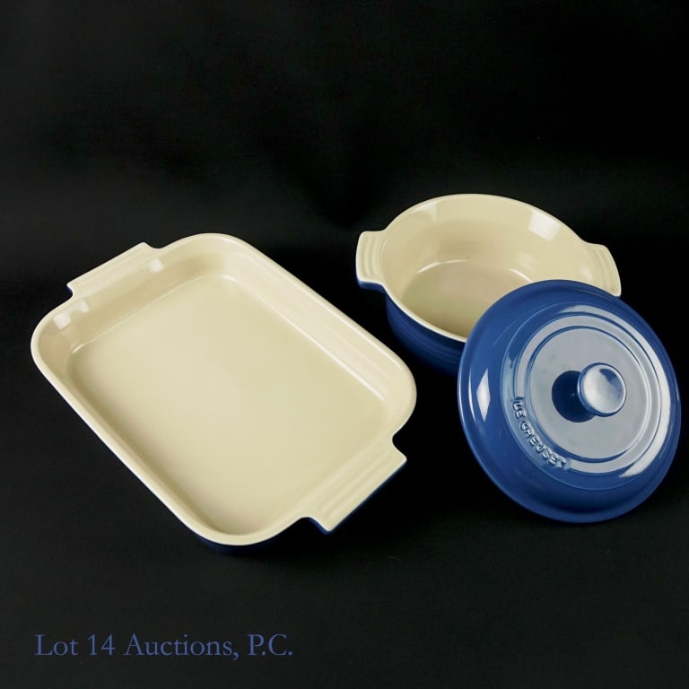 Le Creuset Stonewear Baking Pan & Covered Casserole (NOS): Le Creuset stonewear baking pan and lidded casserole, both in Marseille Blue. Bottom of baking pan is marked 8.05. 11.5" x 8.5" across bottom of dish. Handles span approximately 14.75". Appears to be 
