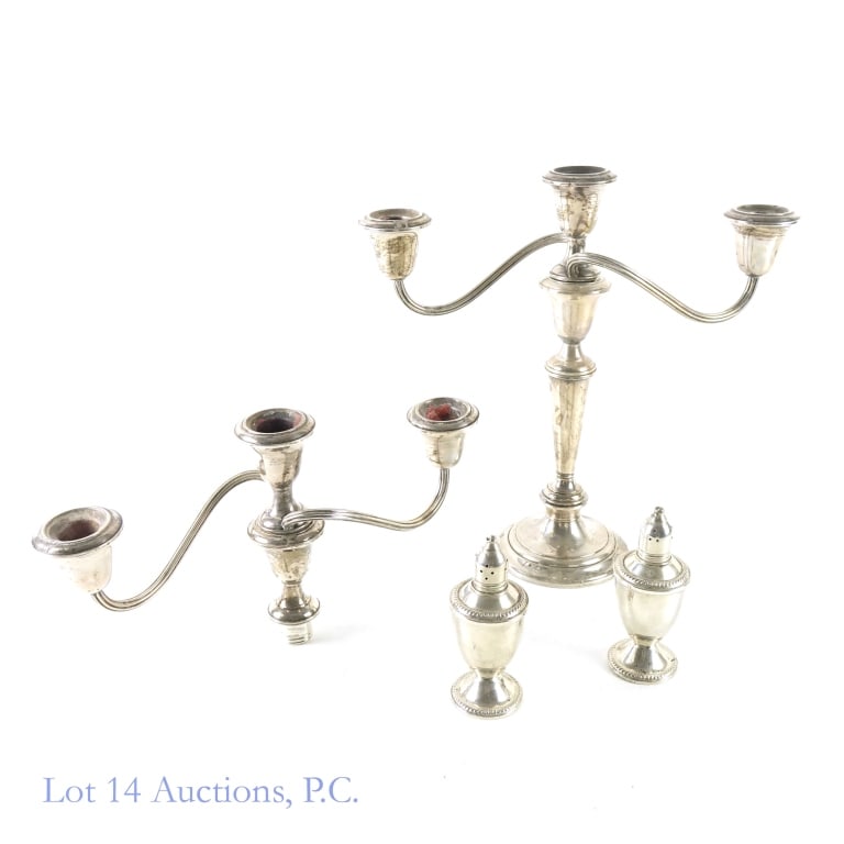 Weighted Sterling Silver S & P, Candlesticks: Set of weighted sterling silver. Gorham sterling candlestick with two arms (total weight 868 grams) ***** Two armed top only for Gorham sterling candlestick (total weight: 489 grams) ***** Duchin Crea