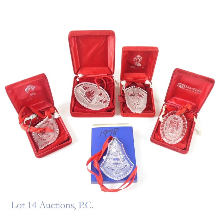 Waterford Crystal Holiday Ornaments (5): 1-Waterford Crystal with peace angel carving dated 1981. 2-Waterford Crystal with French hen carvings dated 1986. 3-Waterford Crystal with holiday ornament carving dated 1983. 4-Waterford Crystal of c