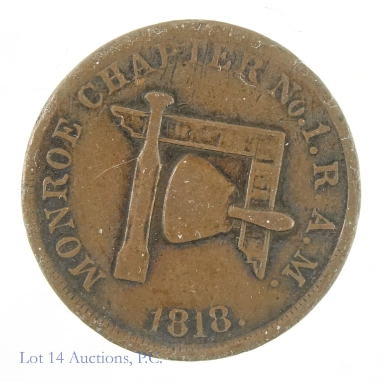 1818 Masonic Penny (Monroe, Michigan): 1818 Masonic Penny (Monroe, Michigan). Holder from Harlan J. Berk, Ltd.