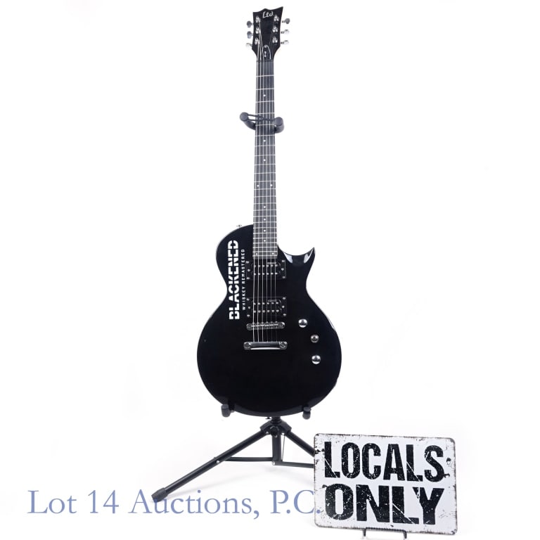 BLACKENED Whiskey Ltd. EC-10 Guitar (LOCAL / 3rd PARTY SHIPPING ONLY!!): "Blackened Whiskey Remastered" Ltd. EC-10 Electric guitar and stand branded by Willett American Whiskey. Guitar designed by ESP. Very light scuffs / scratches, but guitar appears in like new condition