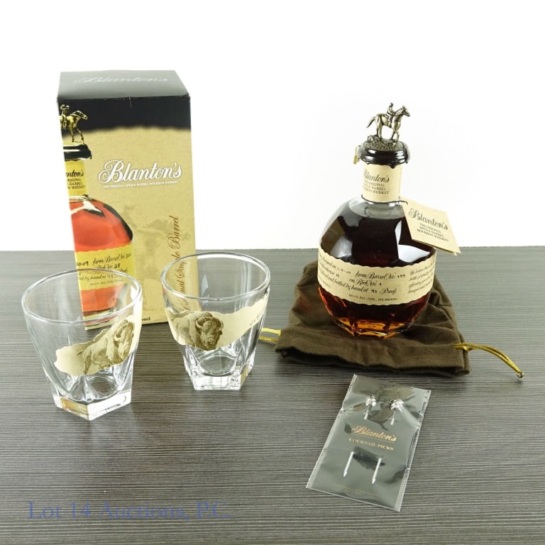 Blanton's Single Barrel Bourbon Gift Set "B": Blanton's Single Barrel Bourbon, 93 Proof, 750 ml, Letter B, Dump Date: 03-08-24, Barrel #999, Bottle #17, Box and bag included. Gift set includes 2 Buffalo Trace drinking glasses and Blanton's Cockta