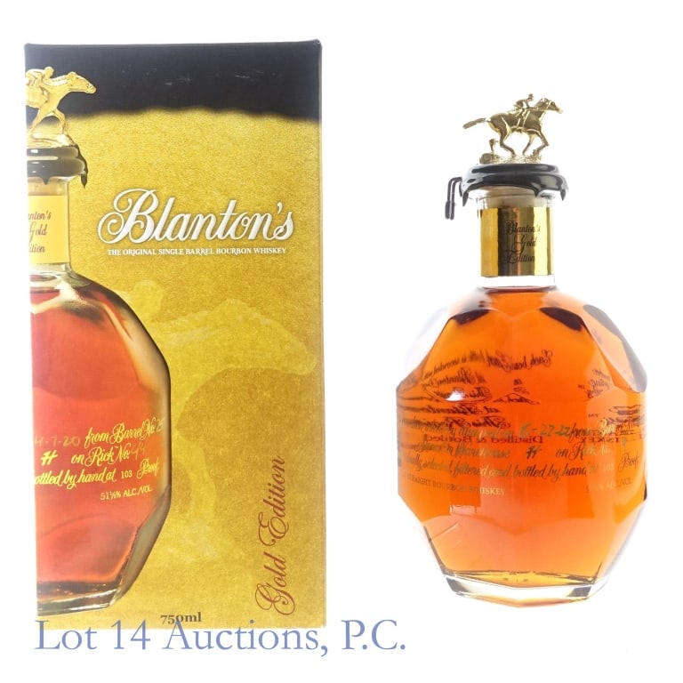 Blanton's Gold Edition Bourbon "L", 750 ml: Blanton's Gold Edition Bourbon, 103 Proof, 750 ml, Letter L, Dump Date: 08-27-22, Barrel #867, Bottle #16, Box and bag included.