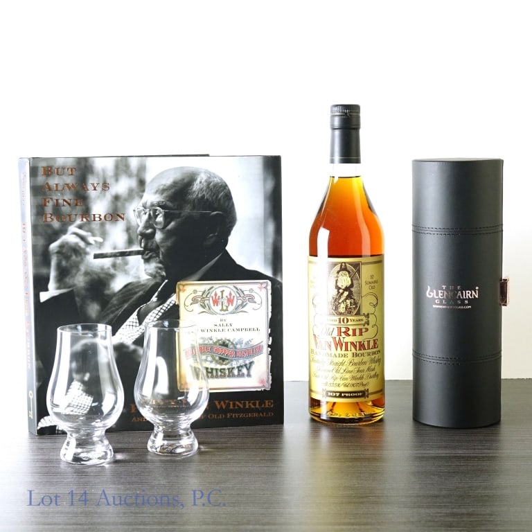 Old Rip Van Winkle 10 Year Bourbon Gift Set (2023): Old Rip Van Winkle 10 Year Bourbon (2023), 107 Proof, 750 ml. Gift set includes 2 Glencairn drinking glasses inside cylinder case. Box included to store case. Also includes hardcover edition of "But A