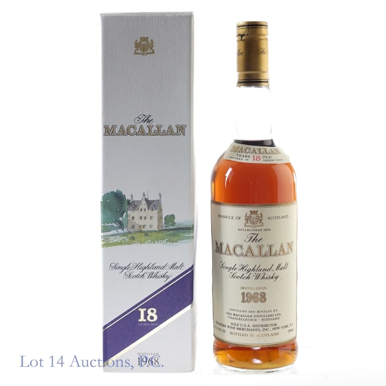 1968 Macallan 18 Year Sherry Wood Single Malt Scotch: Macallan 18 Year Matured in Sherry Wood Single Malt Scotch, 86 Proof, 750 ml, Distilled: 1968, slight bend on bottom corner of back label and small tear on bottom of back label. Box included in good c