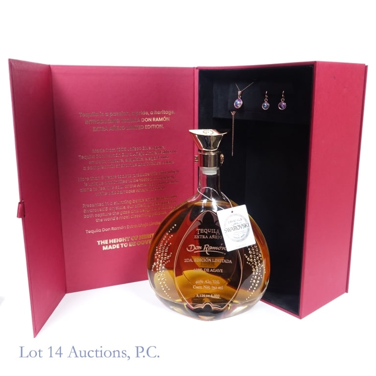 Don Ramon Swarovski Extra Anejo Tequila: Don Ramon Extra Anejo Tequila, 80 Proof, 750 ml, 2nd Limited Edition, Embellished with Swarovski crystals, Bottle #3126 of 5000 bottles. Case included along with Swarovski earrings and matching neckla