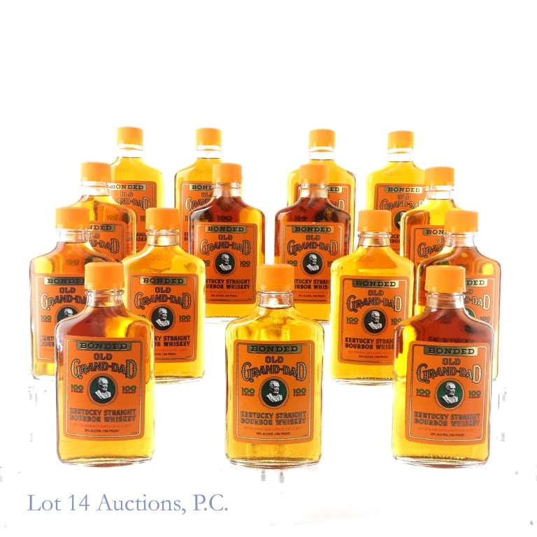 Old Grand-Dad Bonded Kentucky Bourbon 15 x 200ml: Fifteen bottles of Old Grand-Dad Bonded Kentucky Straight Bourbon Whiskey. Bottled in bond (100 proof). 200 ml. 1994/95***Some bottles show signs of discoloration or small tears to front and back labe