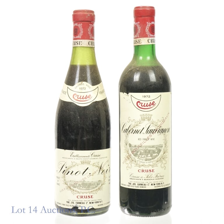 1972 Cruse Cabernet Sauvignon & Pinot Noir: 1-1972 Cruse Pinot Noir Grand Vins, 11% ABV, 1 Pint, 8.5 Ounces, Vintage: 1972, Product of France. Fill at shoulder level or about 1 inch below foil capsule. 2-1972 Cruse Cabernet Sauvignon, 11.5% ABV