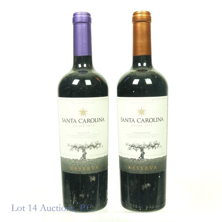 Santa Carolina Reserva Carmenere & Merlot (2): 1-2012 Colchagua Estate Santa Carolina Reserva Merlot, 14% ABV, 750 ml, Region: Chile. 2-2013 Cashapoal Estate Santa Carolina Reserva Carmenere, 13.5% ABV, 750 ml, Region: Chile. Wines stored horizont