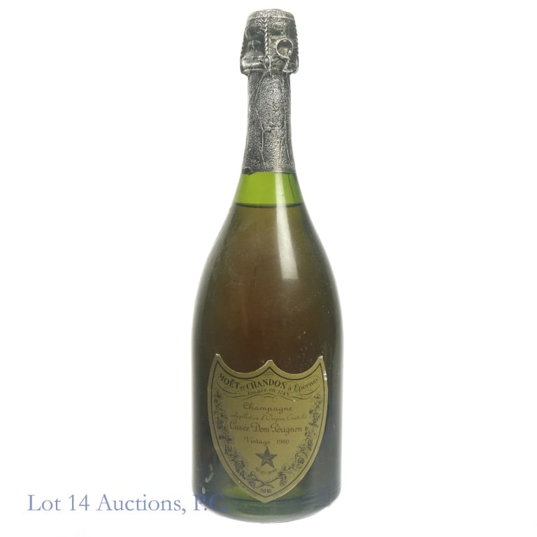 1980 Dom Perignon Brut Champagne: 1980 Dom Perignon Brut Champagne, 12.7% ABV, 750 ml. Vintage: 1980. Original owner stored wine in basement.