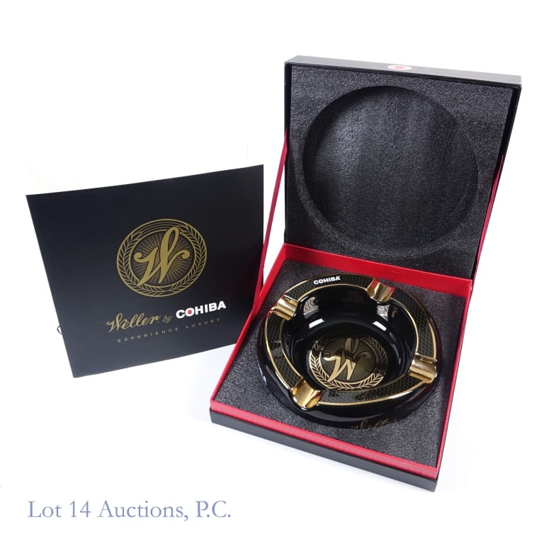 Weller by Cohiba Ashtray: Weller by Cohiba Ashtray, black and gold ceramic ashtray commemorating the 2022 release of the Weller cigar by Cohiba. Ashtray is approximately 11" in diameter weighing about 4 Ib. Case included.
