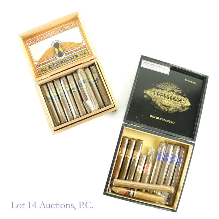 Torano Noventa & Other Cigars (28 Singles): 1-Torano Noventa Cigars, incomplete box of 17 cigars, Made in Nicaragua. Comparing to other cigars they appear to be the Santiago, Robusto 5"x49. Cigars are house in an Indian Tobac Cigar wooden cigar