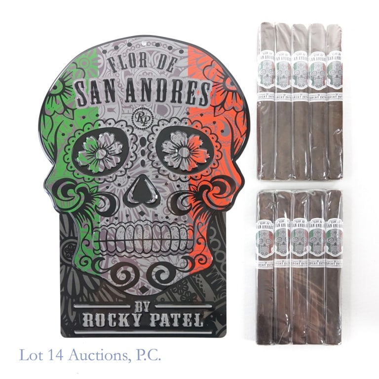2 Flor de San Andreas Cigar 5-Packs & Tin Sign: Flor de San Andreas by Rocky Patel Churchill Cigars, 7" x 50, 2 Packs of 5, Origin: Honduras. San Andres Tin Sign also included approximately 14" tall and 9.3" at cheekbones.