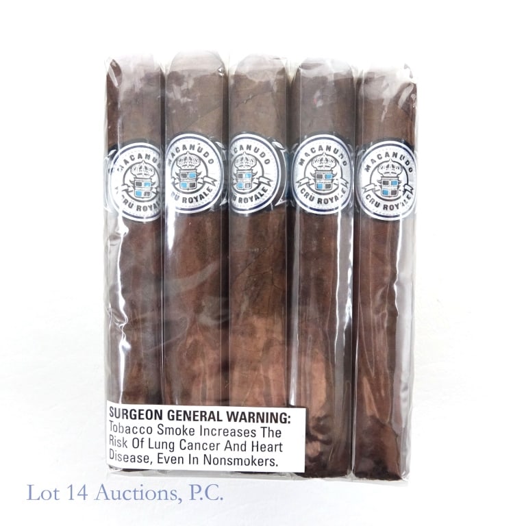 Macanudo Cru Royale Robusto Cigars (5 Pack): Macanudo Cru Royale Robusto Cigar, 5"x50, Pack of 5, Wrapper: Ecuadorian Habano, Filler: Brazilian, Dominican, Nicaraguan, Medium Body, Earth, Wood, Nutty tasting notes. Drink Pairing: Rye, Dark Brown