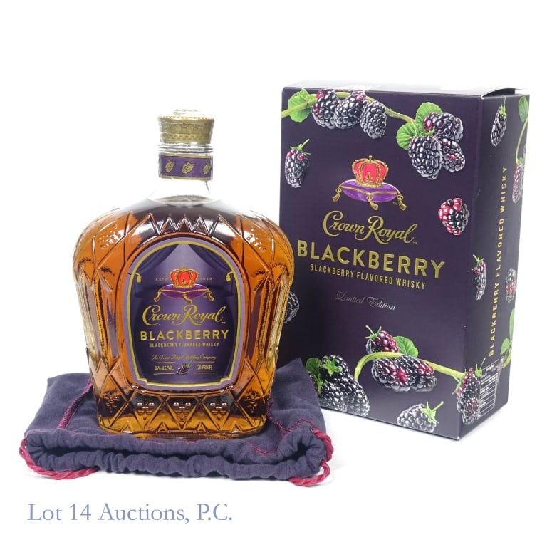 Crown Royal Blackberry Canadian Whisky: Crown Royal Blackberry Flavored Canadian Whisky, 70 Proof, 750 ml, Box and bag included.